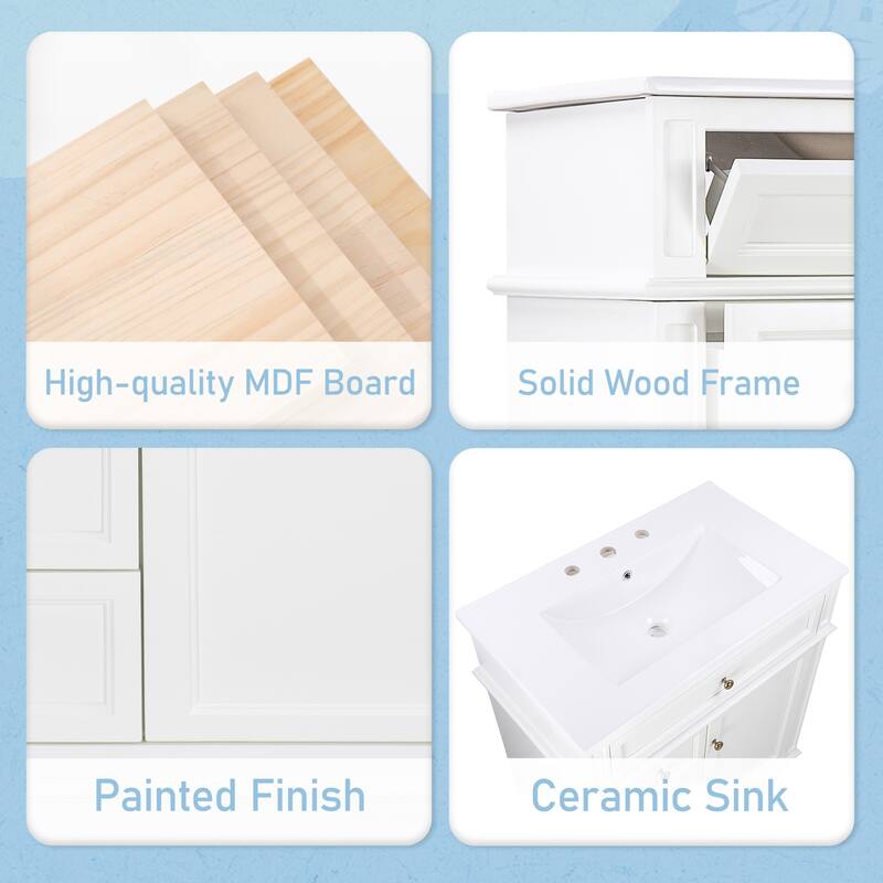 30" Freestanding Bathroom Vanity with Smooth Ceramic Sink, 1 Tip-Out Drawer & 3 Drawers