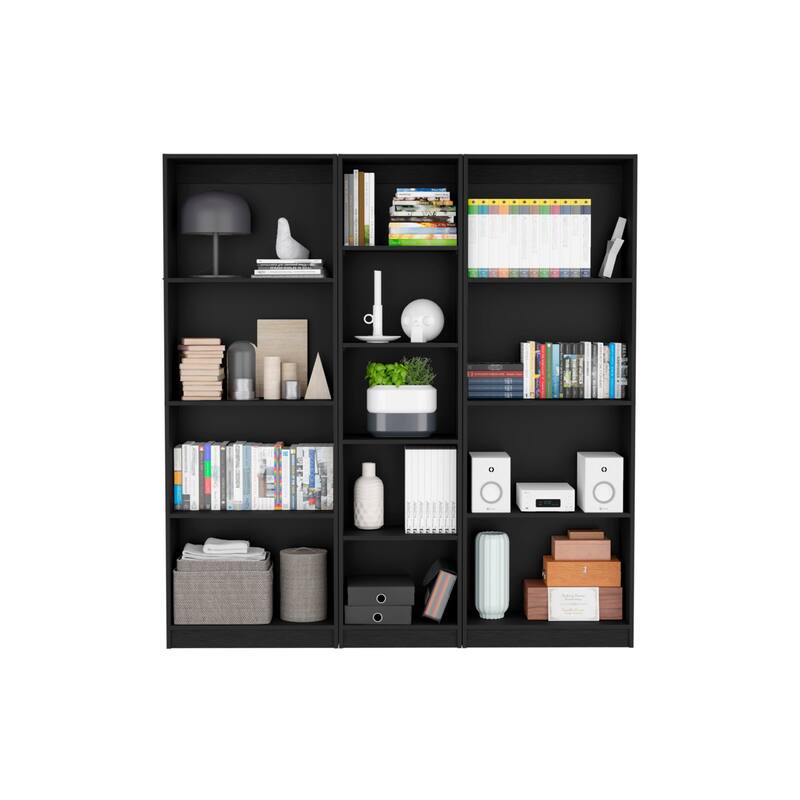 FM FURNITURE Clay 3 Piece Living Room Set with 2 Sutton Bookcase + Sutton Slim Bookcase, Black
