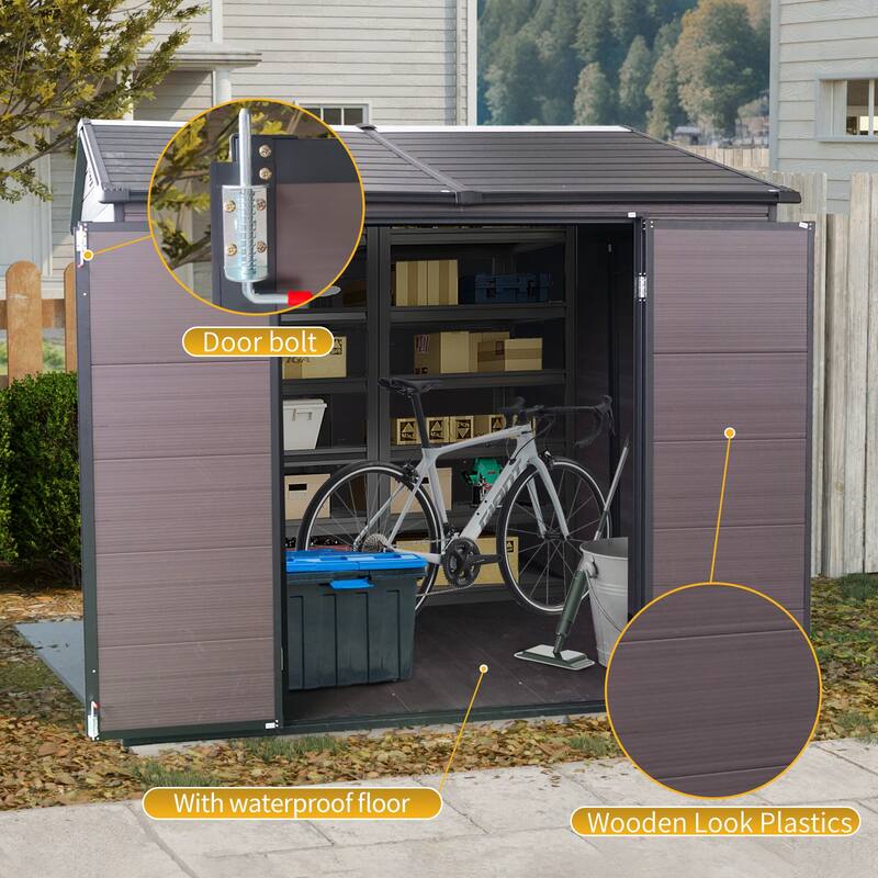 Resin Outdoor Storage Shed UV-Proof Garden Tool Shed with Sloping Roof & Lockable Double Doors, Built-in Floor