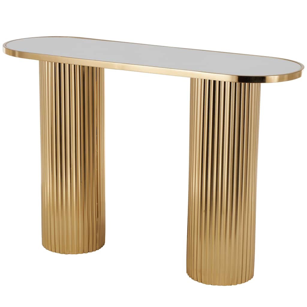Metal Oval Console Table with White Marble Tabletop and Ribbed Legs - Gold - Roche River Decor - 15"W x 47"L x 31"H