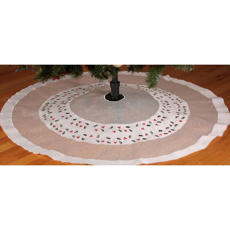 Classic Holly Embroidered Cutwork Christmas Tree Skirt, 48'' - White