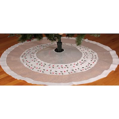 Classic Holly Embroidered Cutwork Christmas Tree Skirt, 48''