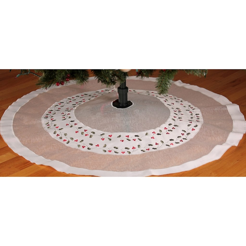 Classic Holly Embroidered Cutwork Christmas Tree Skirt, 48''