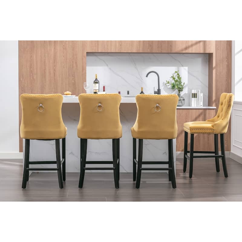 Velvet Bar Chairs Set of 2, Counter Height Bar Stools with Button Decor and Nailhead Trim, Dining Room Chairs with Back