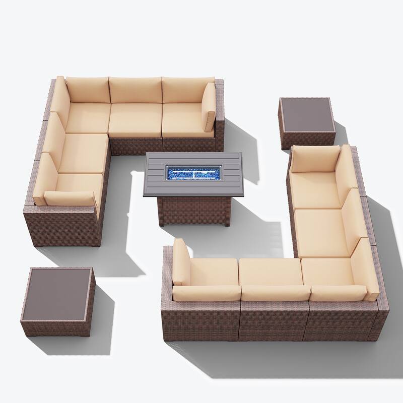 13 Piece Wicker Set Patio Sofa Furniture with Fire Pit And Table