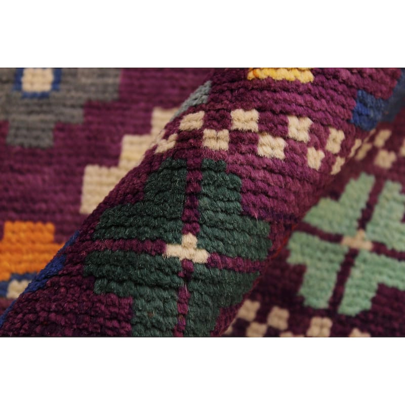 Rustic Balochi Hahn Purple/Green Hand Knotted Wool Rug - 3'4'' x 4'11''
