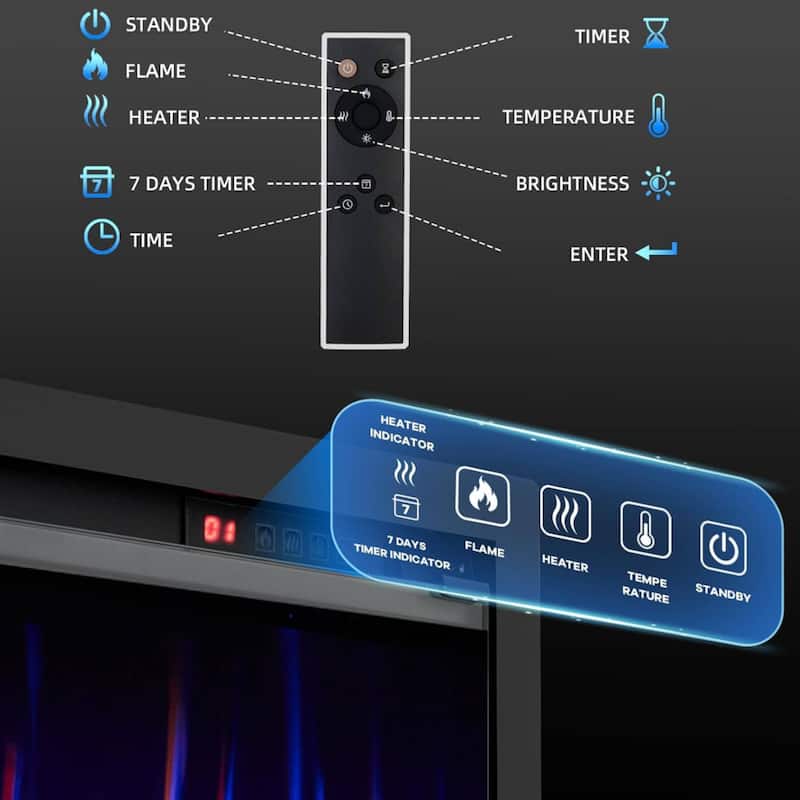 60" Electric Fireplace Heater Wall Mounted/ Recessed with Remote Control, 750W/1500W with Timer