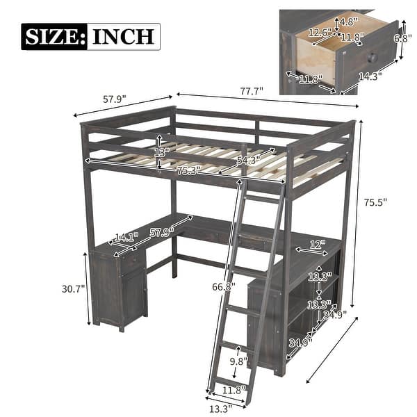 dimension image slide 0 of 2, Full Size Loft kids Bed Frame with U-Shaped Desk, Storage Shelves, Cabinet & 2-Drawers, Safety Guardrails for Bedroom, White