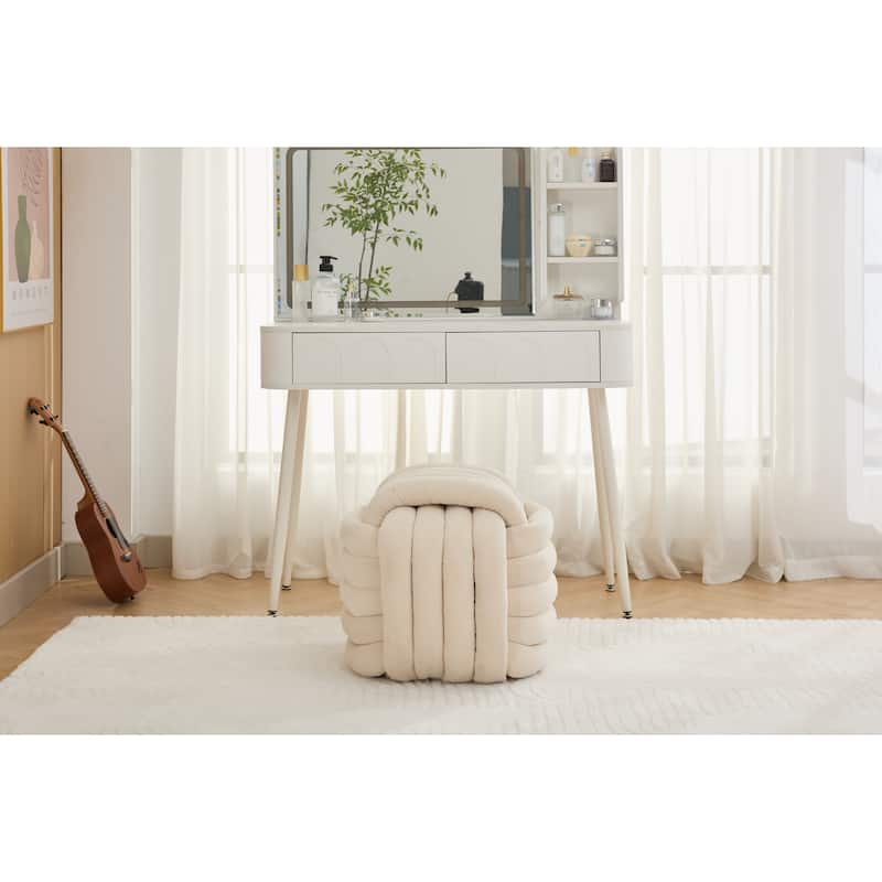 Chenille Fabric Ottoman Vanity Stool, Knot Design Ottoman Footstool, Multi-Functional Upholstered Makeup Stool