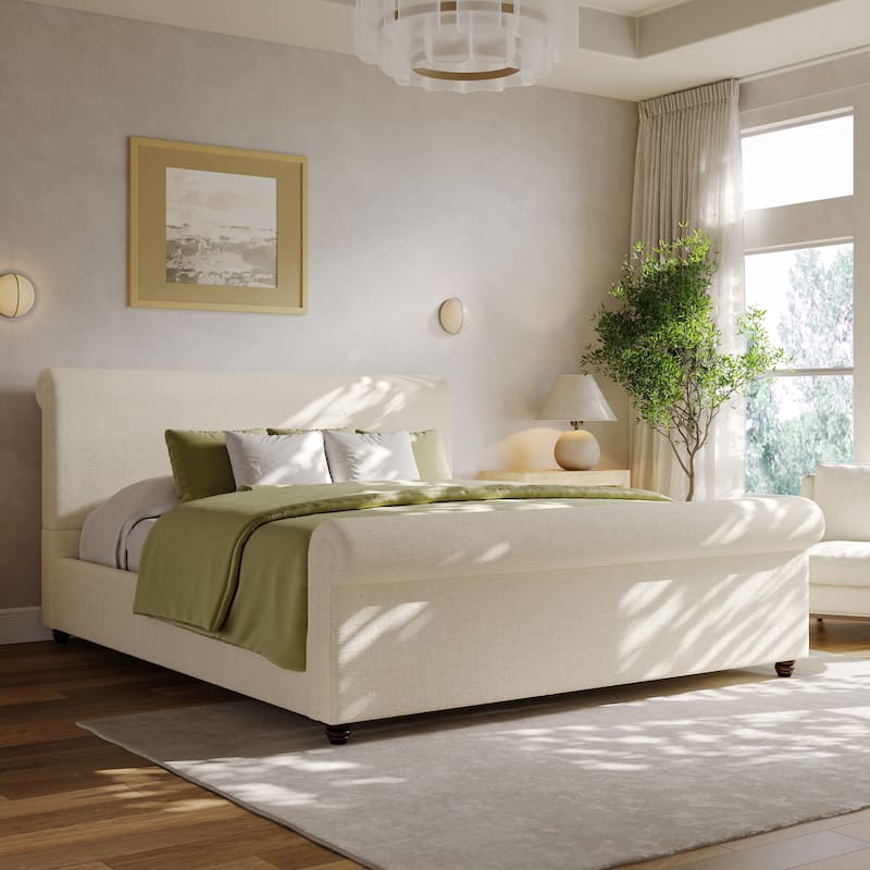 Christopher Knight Home - Modern Linen Upholstered Bed Frame with Solid Wood Legs and a Robust Headboard and Footboard - Queen - Beige