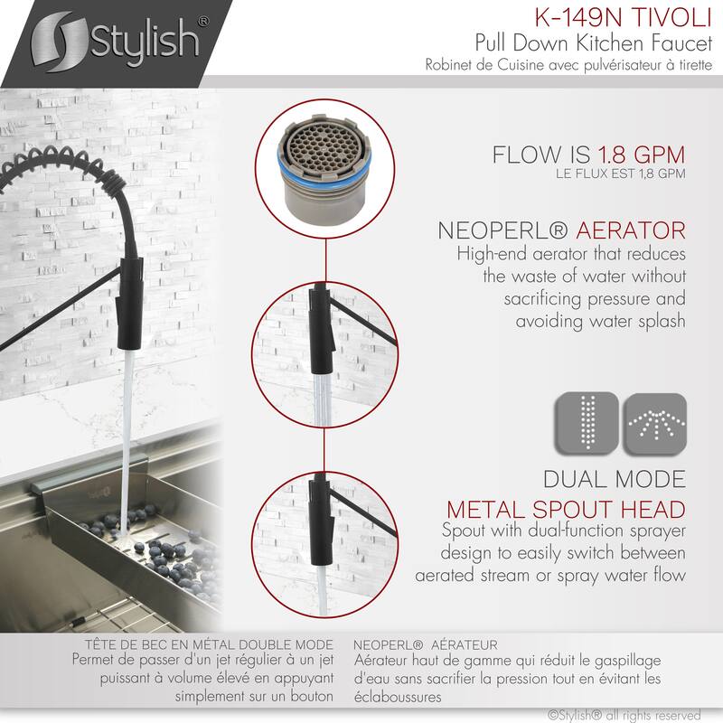 STYLISH Stainless Steel Single Handle Pull Down Sprayer Kitchen Faucet - Faucet Height: 16 3/4" | Spout Height: 7 1/2"