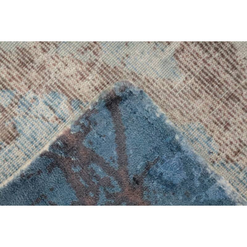 Hand Knotted Oriental Viscose Silk Carpet Modern Pictorial Navy Blue & Blues Abstract Area Rug - 7' 10'' X 5' 8''
