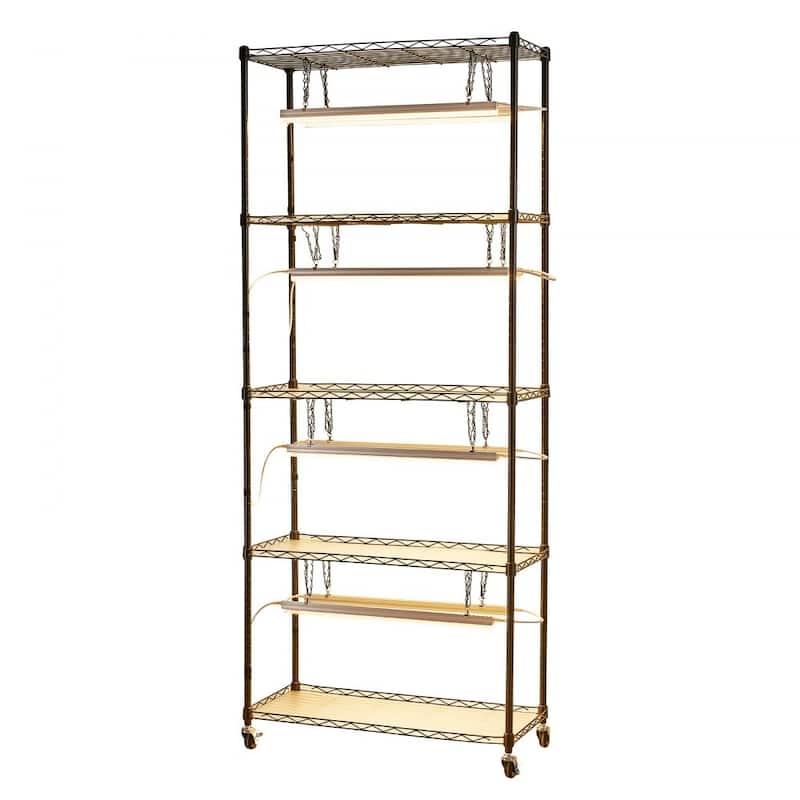 Black Metal 5-Tier Indoor Plant Stand with 8 LED Grow Lights and Timer, 71-Inch Adjustable Shelves on Wheels