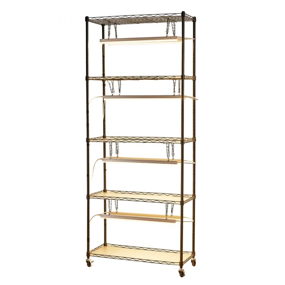 Black Metal 5-Tier Indoor Plant Stand with 8 LED Grow Lights and Timer, 71-Inch Adjustable Shelves on Wheels