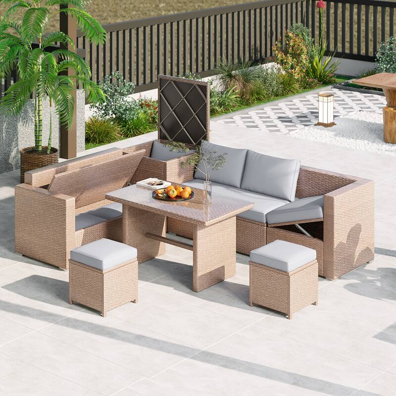 6-Piece All-Weather Outdoor PE Rattan Sofa Set - Patio Wicker Sectional with Storage Box, Removable Covers & Table - Grey