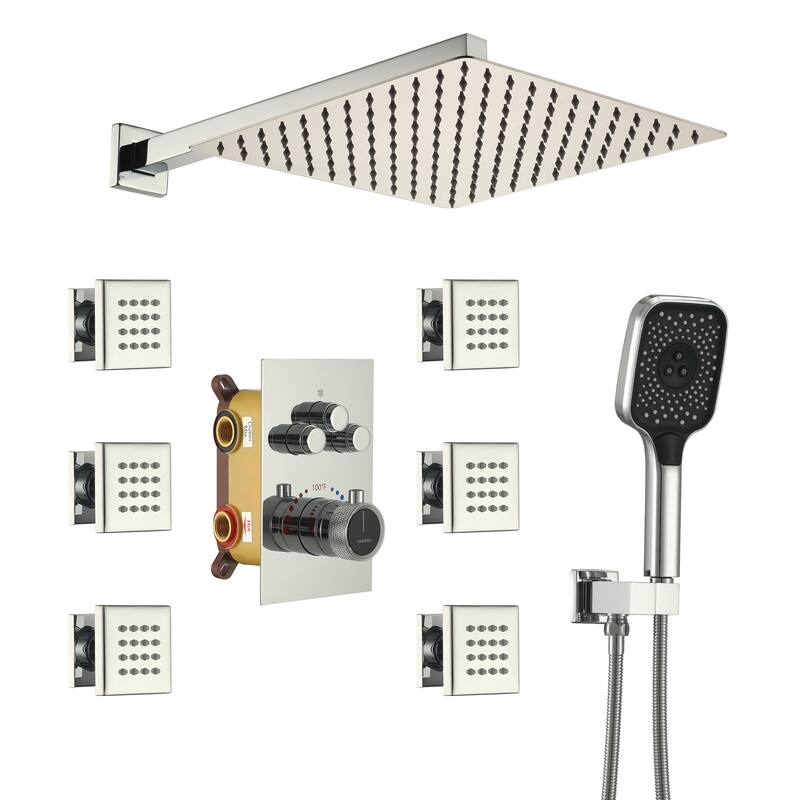 Wall Mount 12 Inch Rainfall Shower Head 3 Function Thermostatic Shower System with 6 Body Jets - Chrome