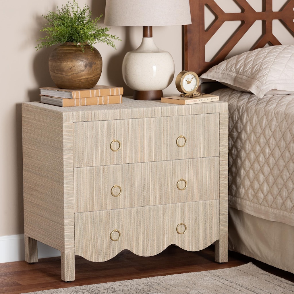 Umika Grasscloth Nightstand with Scalloped Base - 3-Drawer Accent Chest with Gold Ring Pulls, Bedroom Storage Table
