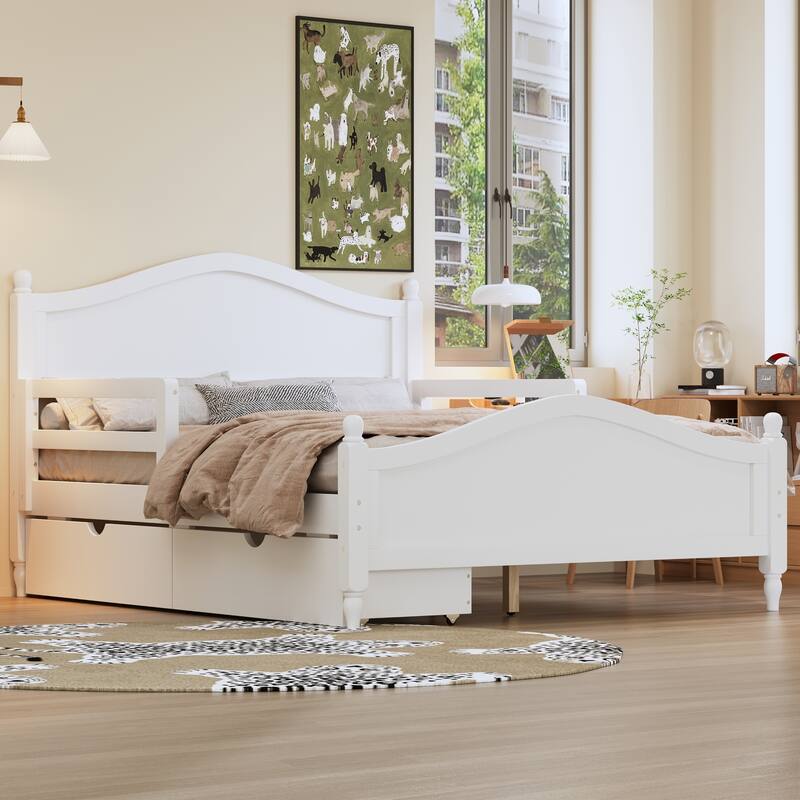 Wood Platform Bed with Guardrails on Both Sides and Two Storage Drawers
