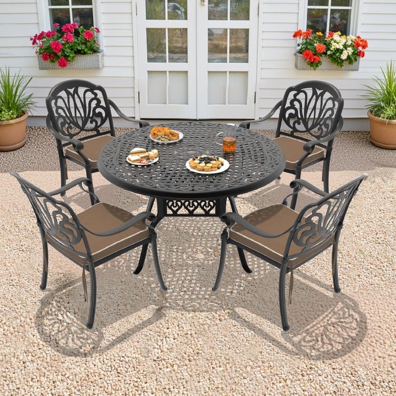 5/7-Piece Cast Aluminum Outdoor Dining Set with 48.03 in. Round Table and Cushions - Black(5-Piece Sets-A)