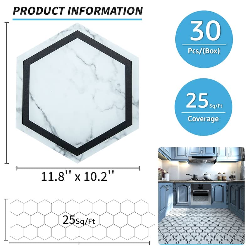 Art3d 11.8" x 10.2" Hexagon Peel and Stick Flooring Tile Marble Look, 30-Pack,Self Adhesive Waterproof Vinyl Floor Tile