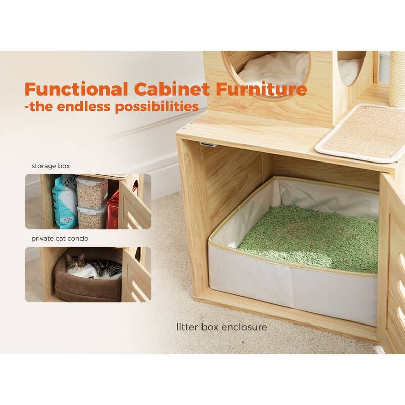 Adjustable Hright 6-Tiers Floor to Ceiling Cat Tree with Litter Box