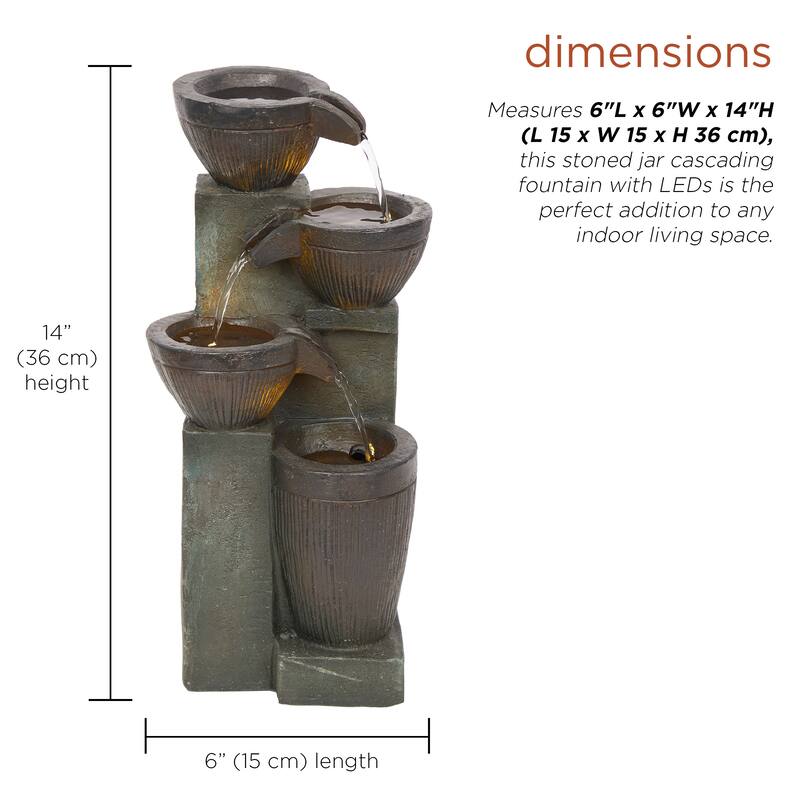 Alpine Corporation TZL416 14" Stoned Jar Water Fountain with Cascading LED Lights for Home, Office, and Desk Decor, Grey