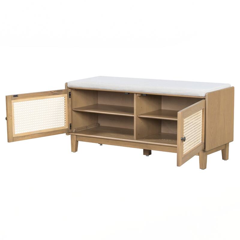Rattan Entryway Bench with Storage, Cushioned Shoe Bench with Double Doors