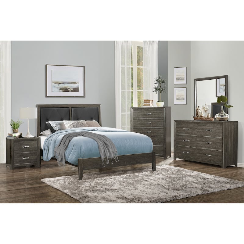 Contemporary Dark Gray Full Bed with Button-Tufted Faux Leather Headboard
