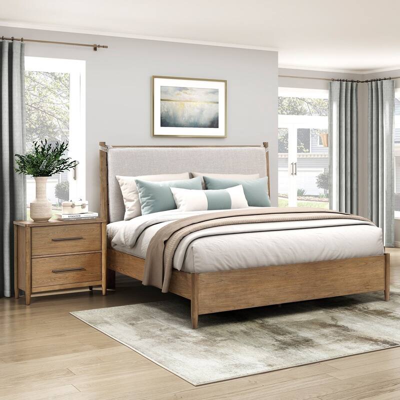 3pc Bedroom Furniture Set Platform Bed and Nightstands Brown Finish