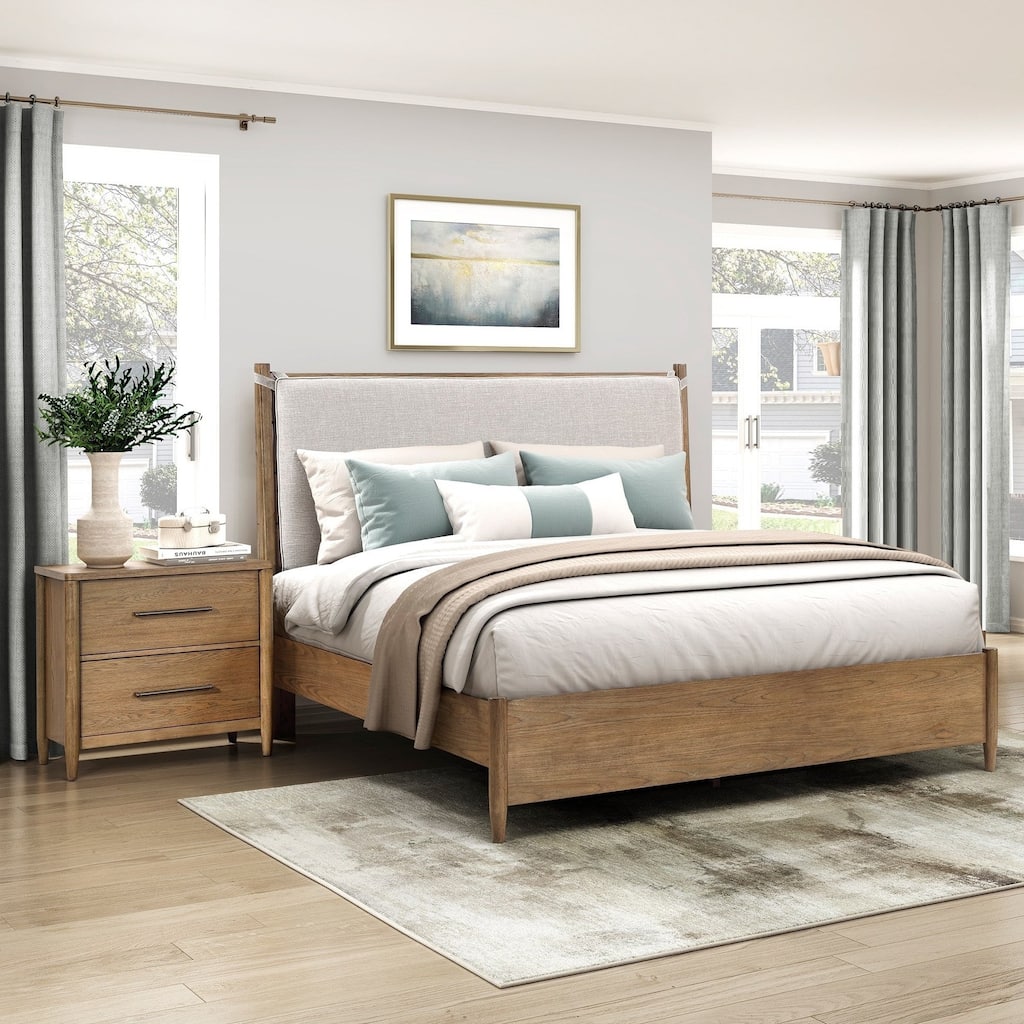 3pc Bedroom Furniture Set Platform Bed and Nightstands Brown Finish