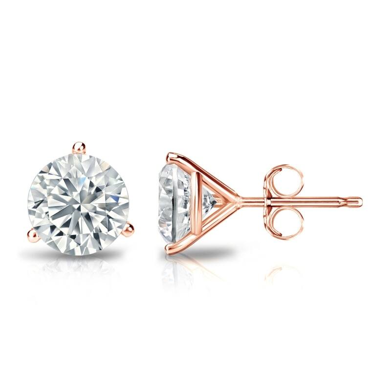 Auriya 14k Gold Lab Grown Round Diamond Stud Earrings 0.50 to 5.00 ct. tw. 3-Prong Push-Back (F-G VS) - Rose - 2.00 ct. tw.