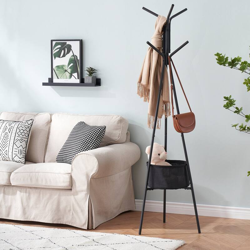Javlergo Coat Rack, Freestanding Coat Rack with 6 Hooks and one Storage Basket Tree Coat Racks for Bedroom, Hallway
