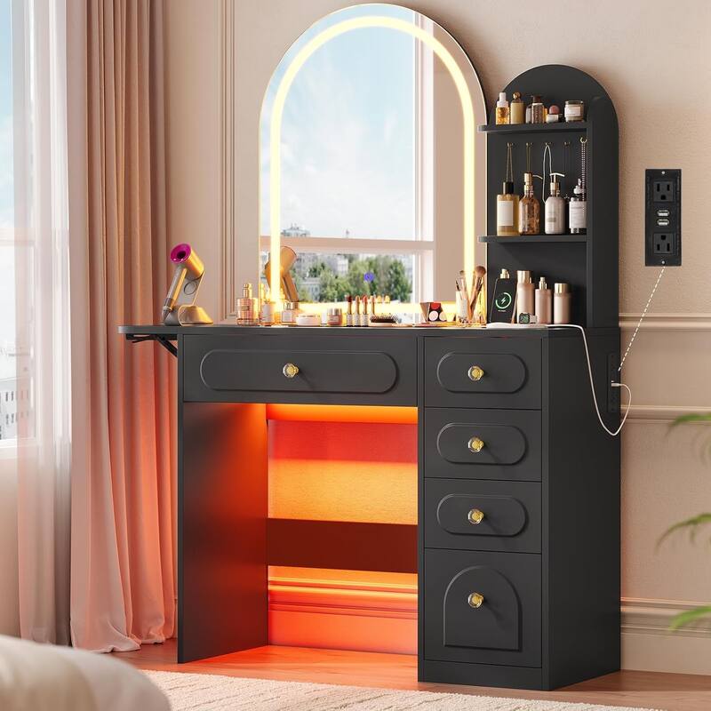 Vanity Desk with Large Mirror and LED Lights 5 Drawers Shelves Glass Top - Black