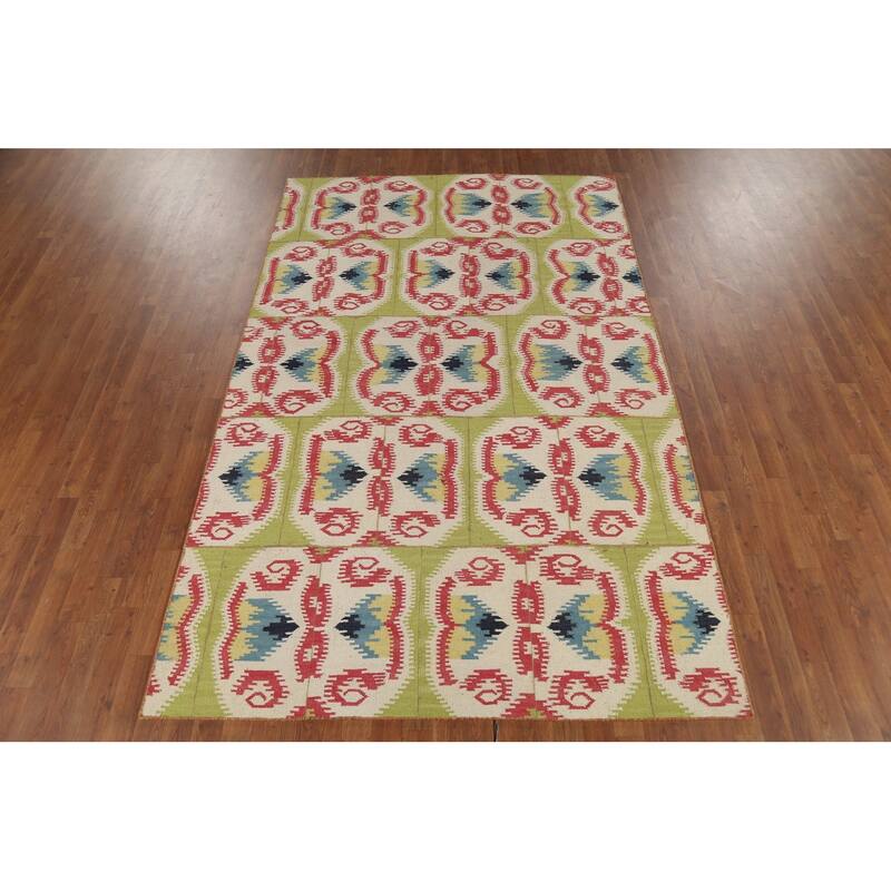 Green Kilim Oriental Area Rug Flatweave Wool Carpet - 5'8"x 8'11"