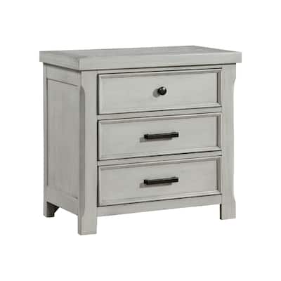 Brok Nightstand, 3 Drawers, Light Gray Acacia Wood, Black Bar Handles