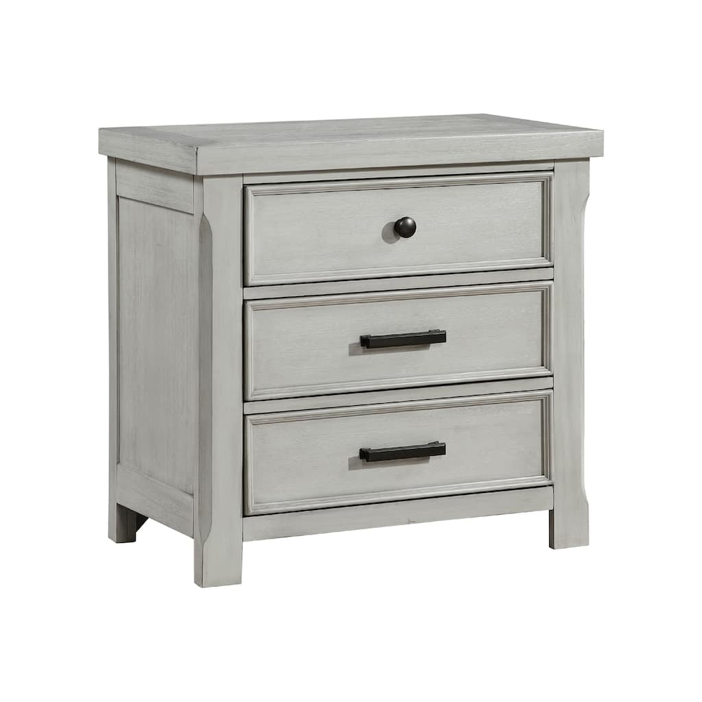 Brok Nightstand, 3 Drawers, Light Gray Acacia Wood, Black Bar Handles