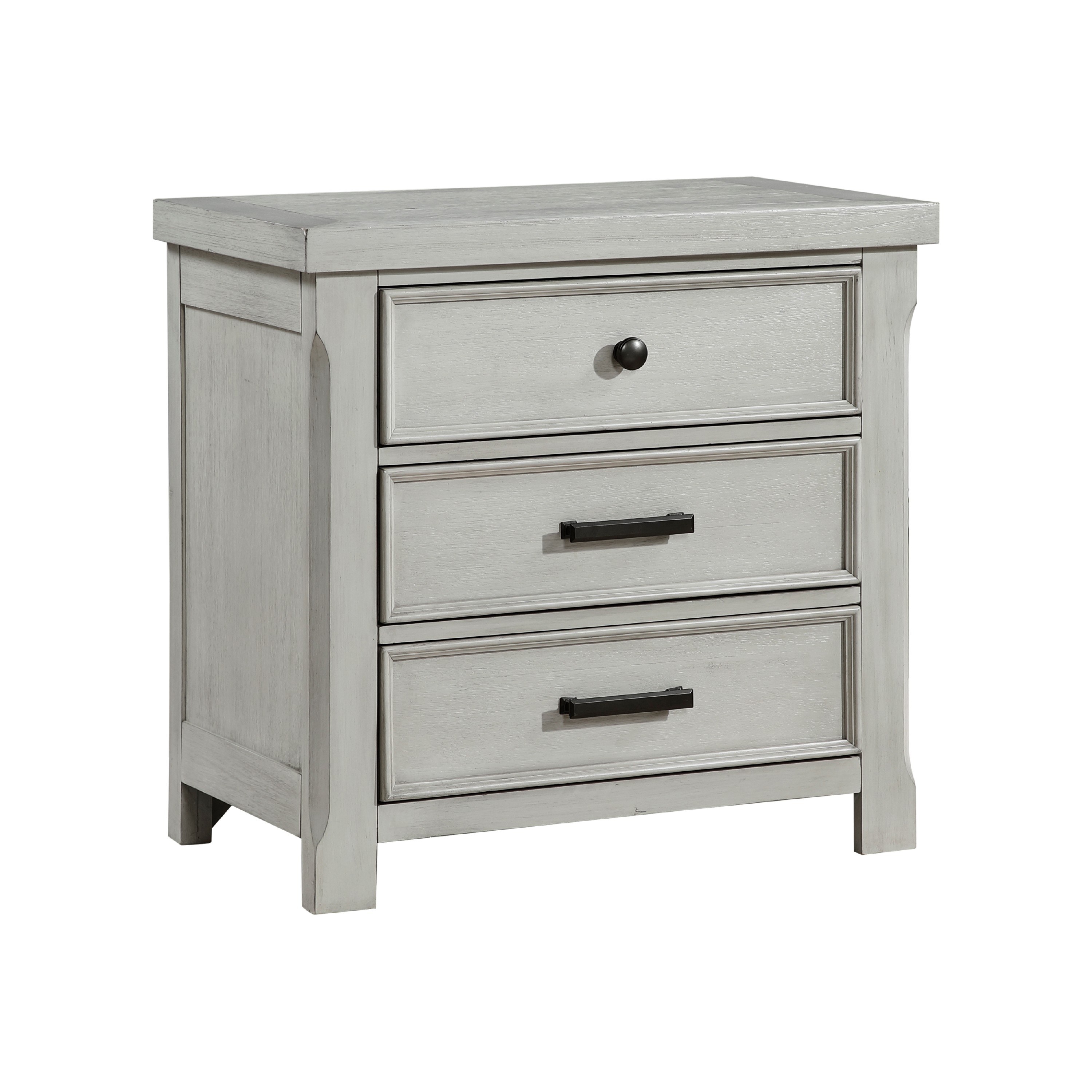 Brok Nightstand, 3 Drawers, Light Gray Acacia Wood, Black Bar Handles