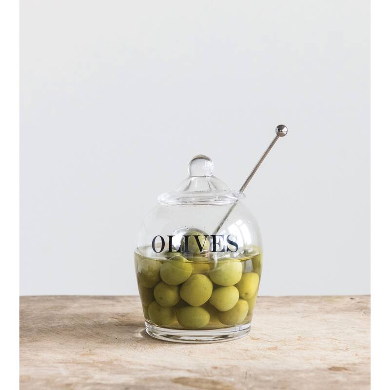 Clear Glass "OLIVE" Jar with Lid & Slotted Stainless Steel Spoon (Set of 3 Pieces including Lid)