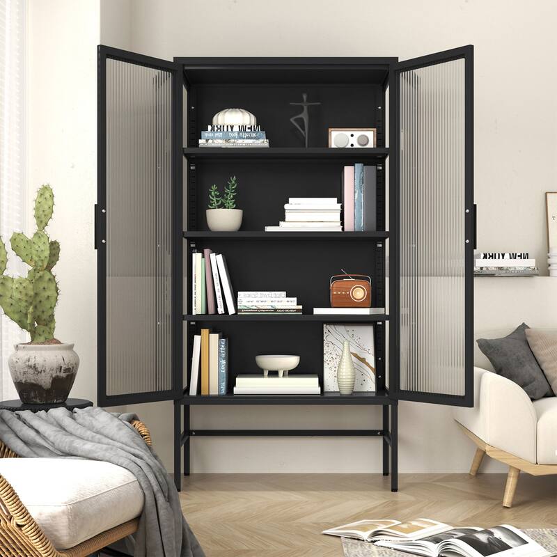 61.02"H Modern Display Sideboard Buffet with Adjustable Shelves, Anti-Tip Kit, Tempered Glass Doors