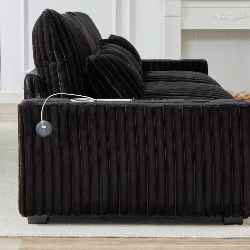 L-Shaped Modular Sectional Sofa with Ottoman, Oversized Corduroy Upholstered Sofa, 4-Seater Sofa with Cup Holders & Charge Port