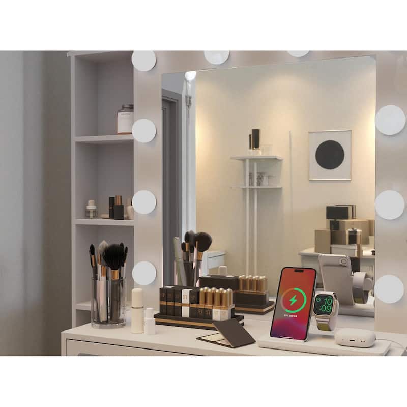Makeup Vanity with Mirror and Lights, Dressing Table with USB Ports, Hair Dryer Holder & 7 Storage Drawers
