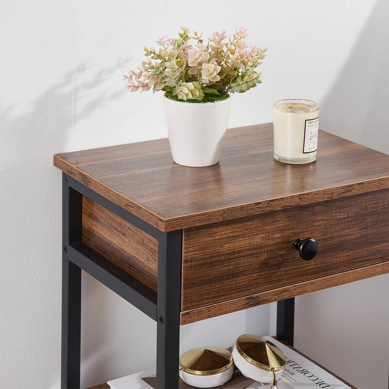 VECELO Modern Nightstand with Drawer & Open Shelves Slim Design for Small Spaces End Table with MDF & Rotating Floor Protectors