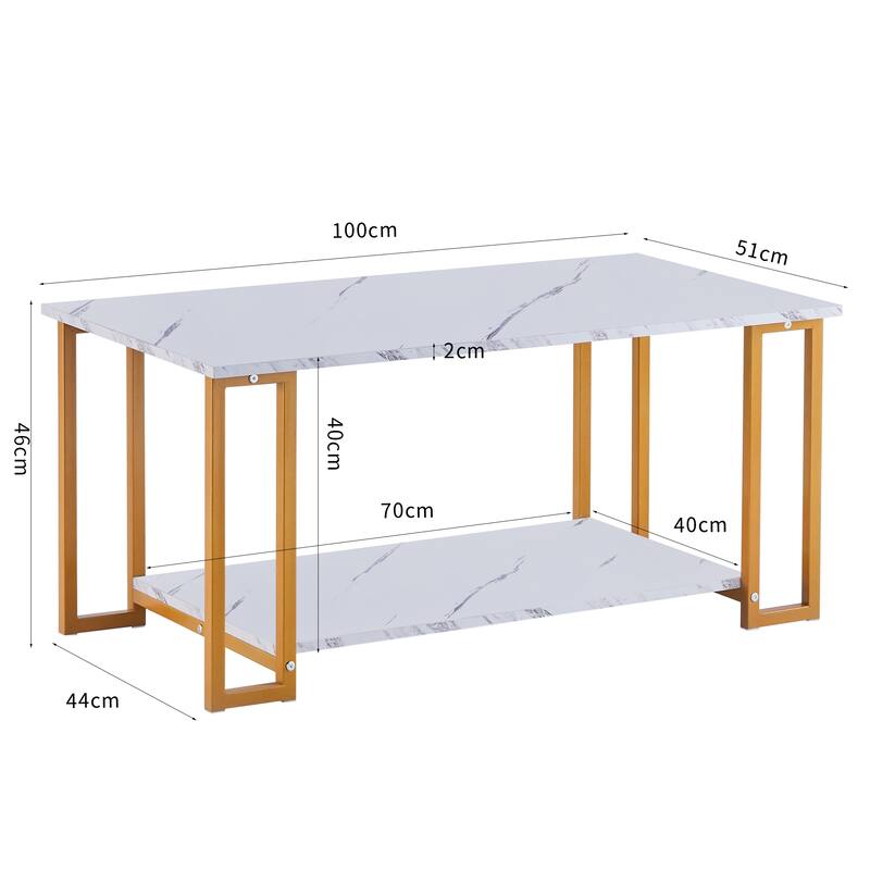 D&N Coffee Table Thick Marble MDF Rectangle White Top, Gold Leg