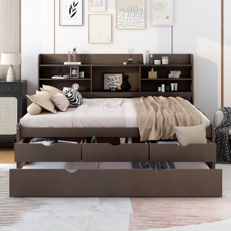 Full Size Wooden Captain Bed with Built-in Bookshelves