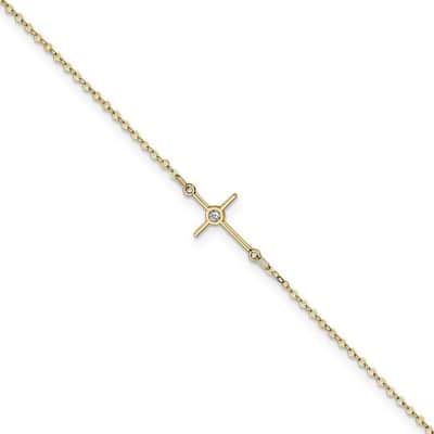 Curata Women's Italian 12.25mm 14k Yellow Gold Polished Cubic Zirconia Cross Anklet - 10 Inch