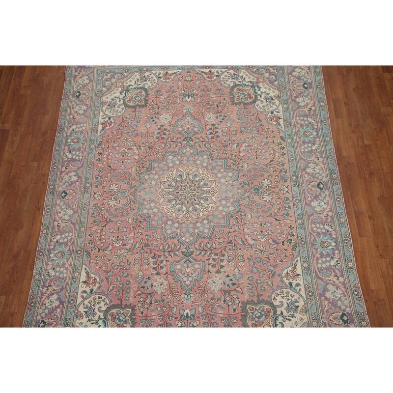 Hand Knotted Oriental 100% Wool Carpet Traditional Floral Pink Tabriz Area Rug - 9' 6'' X 6' 8''