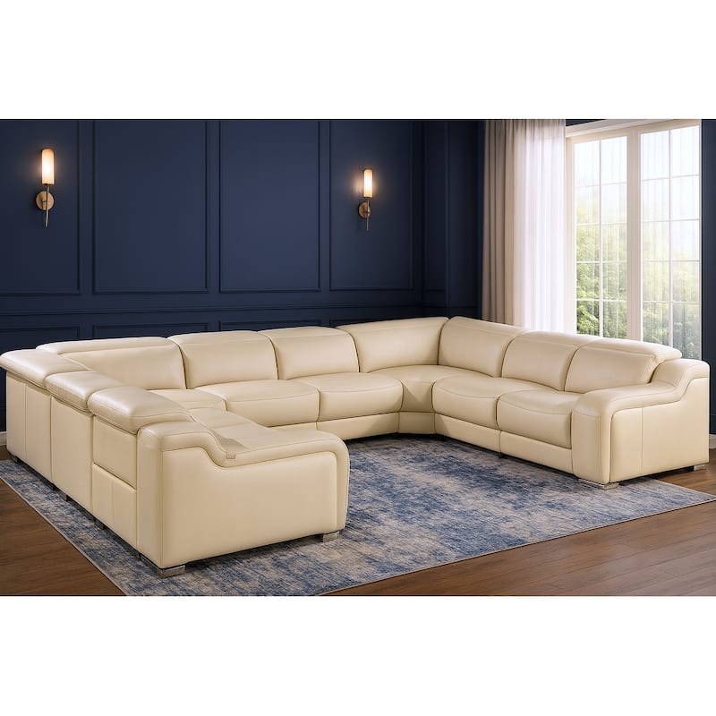 HomeRoots Beige Italian Leather Power Reclining U Shaped Eight Piece Corner Sectional With Console - Symmetrical - Beige