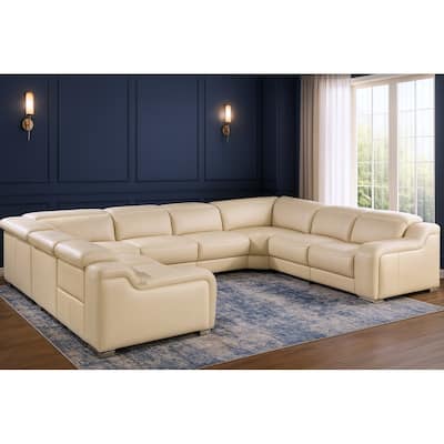 HomeRoots Beige Italian Leather Power Reclining U Shaped Eight Piece Corner Sectional With Console