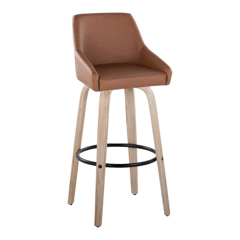 The Gray Barn Hadley 30" Fixed-Height Bar Stool with Bent Wood Legs & Round Footrest (Set of 2) - Camel Faux Leather/Whitewashed Wood/Black Metal