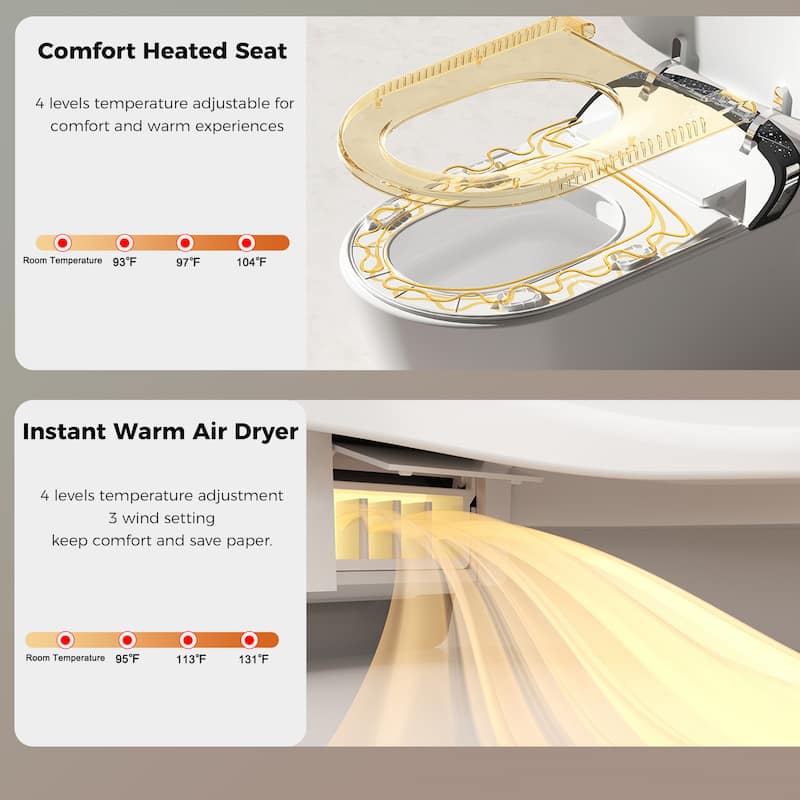 Elongated Smart Toilet with Built In Bidet. Tankless Design. Auto Open Close Seat. Foot Sensor. Warm Water Dryer